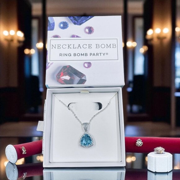 Ring Bomb Party Necklace Lab Created Blue Topaz Pendant Rhodium Plated Gift - Picture 1 of 9